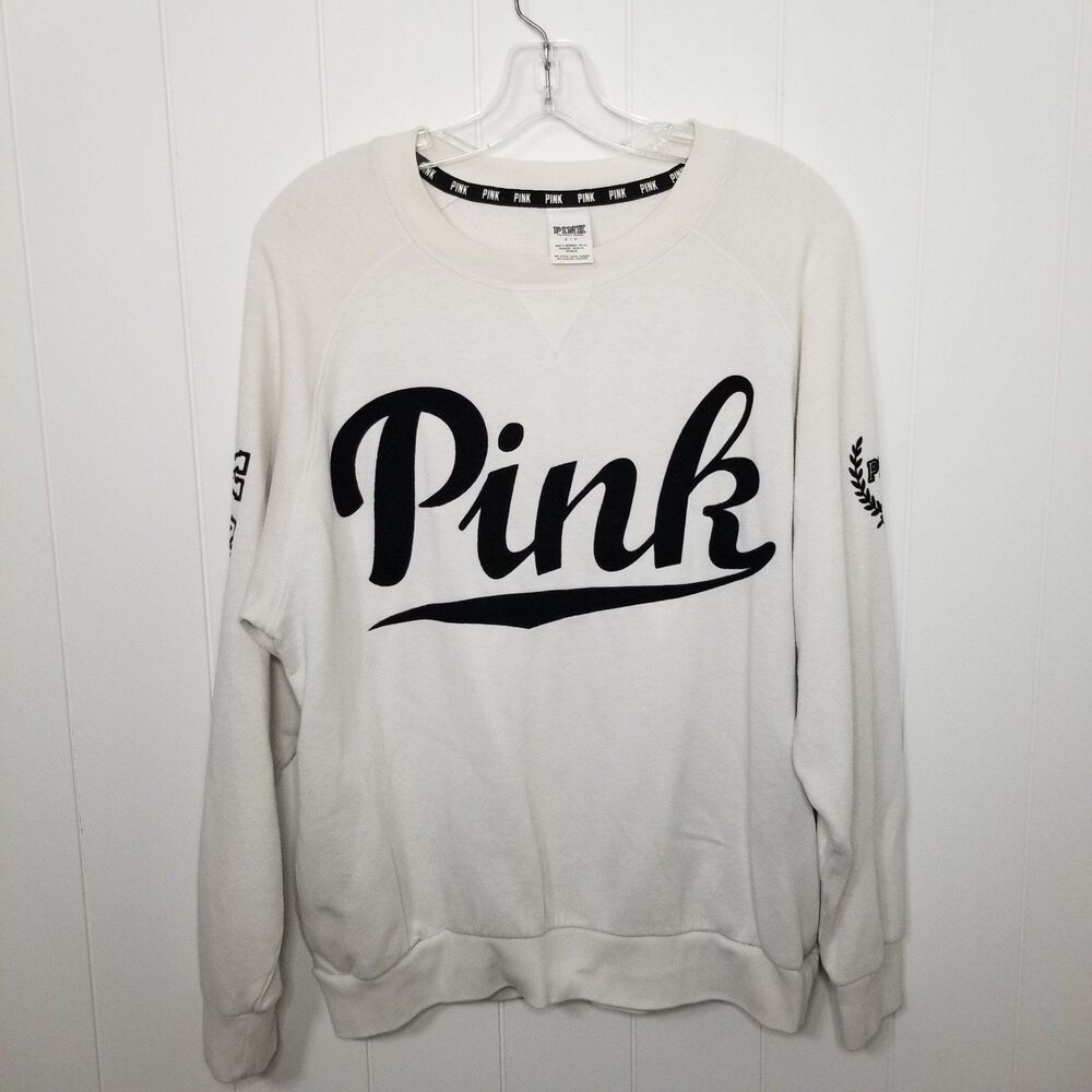 PINK Women's Spell Out Crewneck Sweatshirt White Black Size Small